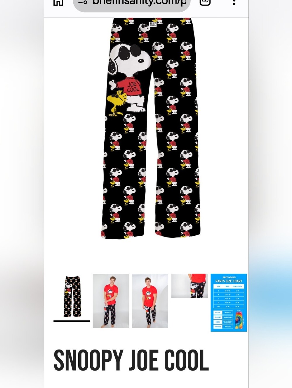 Brief Insanity Snoopy Joe Cool Black Pajama Pants